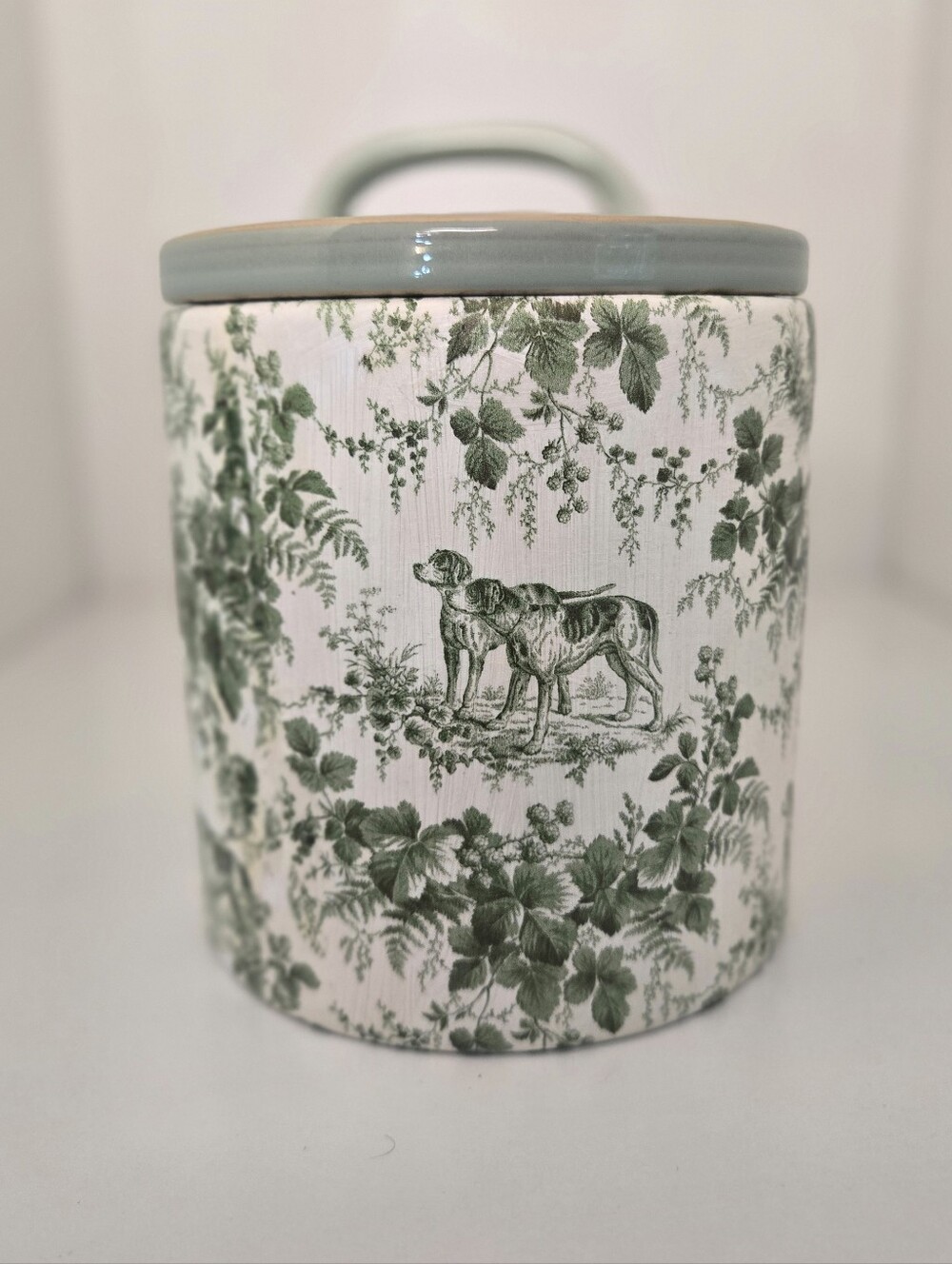 Green & White French CountryToile Decoupage Canister & Lid Vntg Cottage Decore